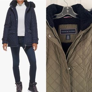 NWOT Tommy Hilfiger Water Resistant Faux Fur Trim Hood Puffer Coat M Green/Blue